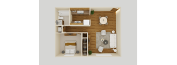 a 3d rendering of a bedroom and living room with wood flooring