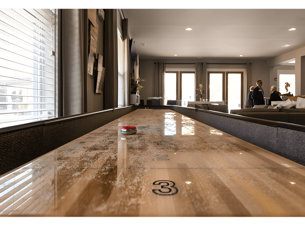 a shuffleboard table in the lobby of a hotel