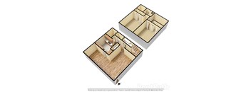 A 3D floor plan of a house with two bedrooms and a living room.