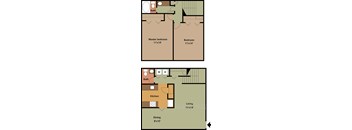 A floor plan of a house with two bedrooms, a master bedroom, a living room, a dining room, a kitchen, and a bathroom.