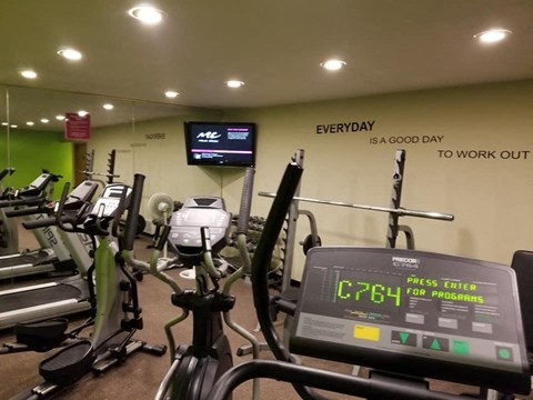 a room filled with lots of cardio equipment and a flat screen tv