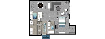 A floor plan of a house with a kitchen, living room, and bathroom.