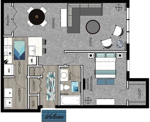 A floor plan of a house with a kitchen, living room, and bathroom.