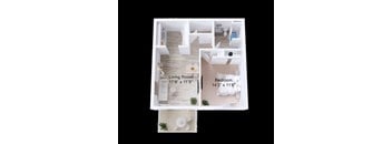 A floor plan of a small apartment with a living room and bedroom.