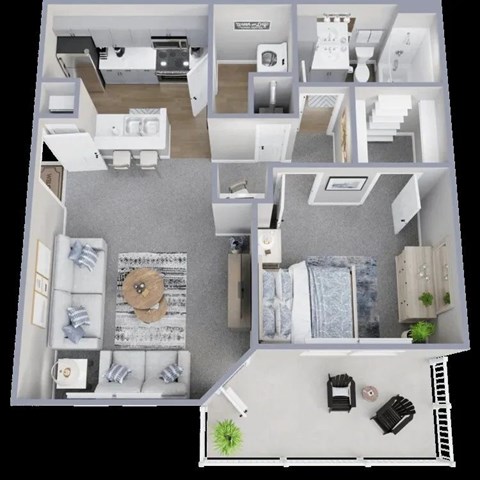 A 3D floor plan of a house showing a living room, kitchen, and bedrooms.
