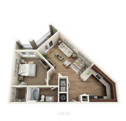 a spacious floor plan with a bedroom and a living room
