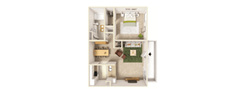 A dollhouse with a bedroom, living room, and kitchen.