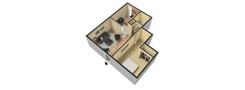 A 3D floor plan of a small apartment with a kitchen, living room, and bathroom.