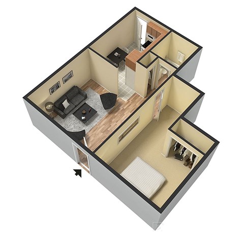 A 3D floor plan of a small apartment with a kitchen, living room, and bathroom.