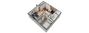 A 3D floor plan of a small apartment with a kitchen, living room, and bedroom.