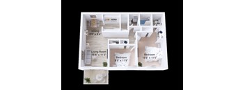 A floor plan of a house showing a living room, dining room, and two bedrooms.