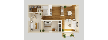 a 3d rendering of a bedroom and living room with wood flooring and furniture
