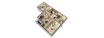 A 3D floor plan of a house with a kitchen, living room, and bedrooms.
