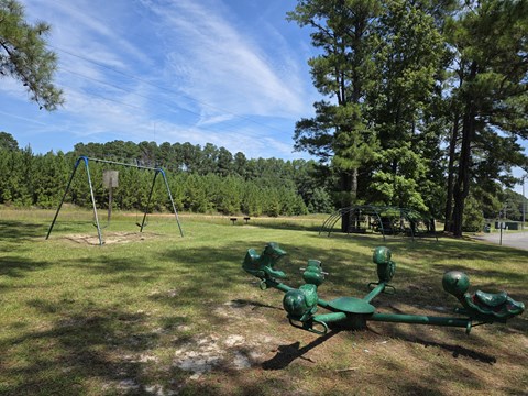 A playground with a green swing set in a grassy area.