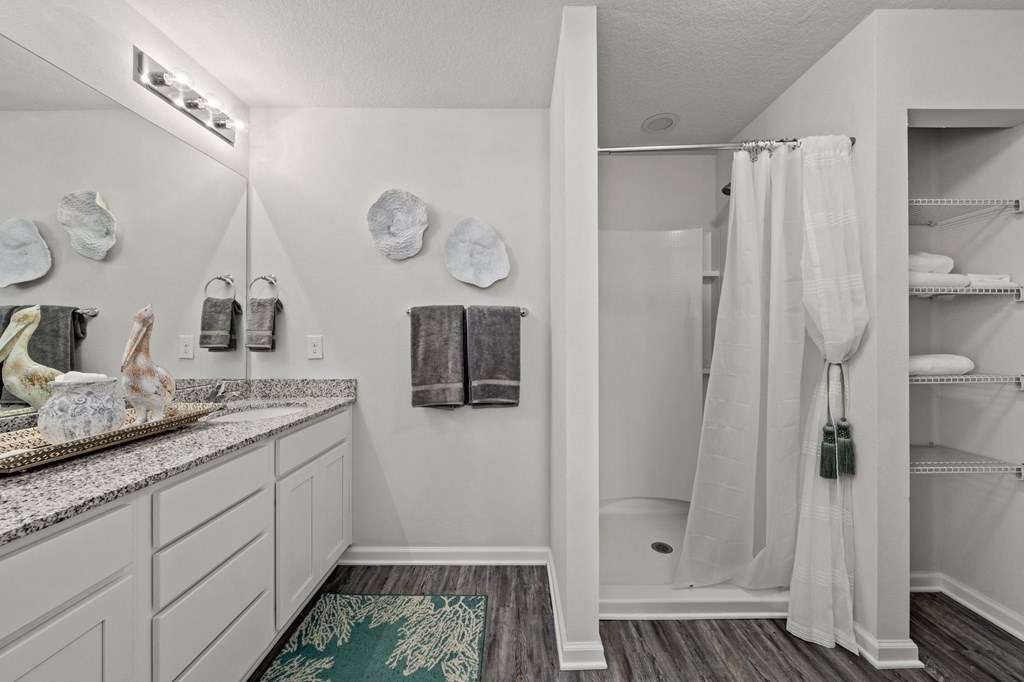 a bathroom with a shower and a sink and a mirror