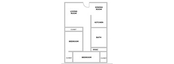 A floor plan of a house with a living room, dining room, kitchen, bath, and three bedrooms.