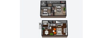 A top-down view of a two-story apartment layout.
