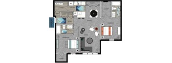 A floor plan of a house with a living room, dining room, kitchen, and bedrooms.