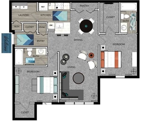 A floor plan of a house with a living room, dining room, kitchen, and bedrooms.