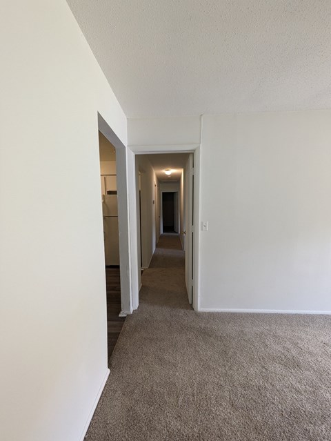 A long hallway with white walls and carpeting.