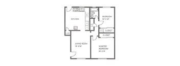 A floor plan of a house with a kitchen, living room, master bedroom and a bedroom.