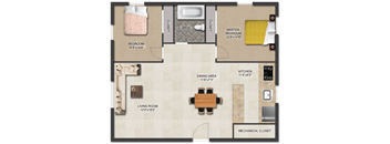 A floor plan of a house with a living room, kitchen, dining area, and two bedrooms.