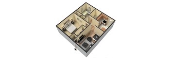 A 3D image of a house layout with a living room, kitchen, and two bedrooms.