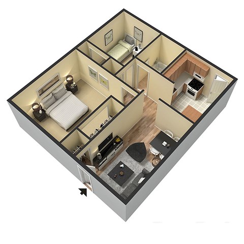 A 3D image of a house layout with a living room, kitchen, and two bedrooms.