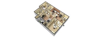 A 3D floor plan of a house with multiple rooms.