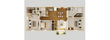 a 3d rendering of a bedroom and living room with a wood floor