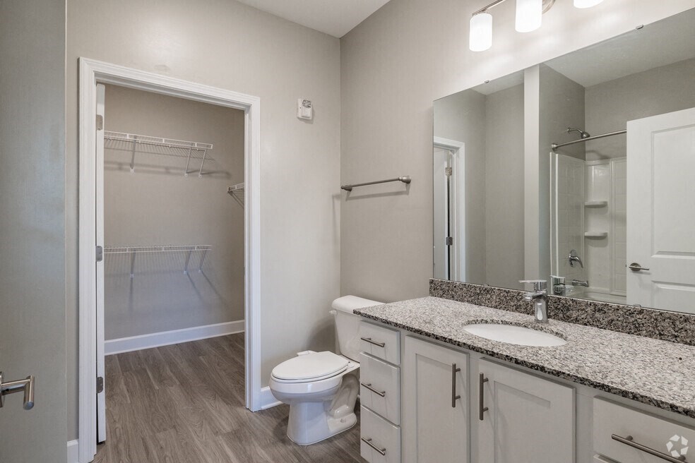 a bathroom with a shower toilet and sink and a mirror