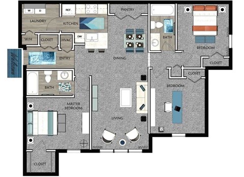 A floor plan of a house with a master bedroom, two other bedrooms, a living room, a dining room, a kitchen, a pantry, a laundry room, and bathrooms.