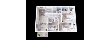 A 3D floor plan of a house showing a living room, two bedrooms, a dining room, and a kitchen.