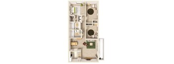 A floor plan of a small apartment with a kitchen, living room, and bathroom.