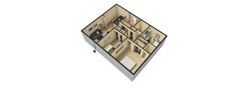 A 3D image of a house layout with a kitchen, living room, and bedrooms.