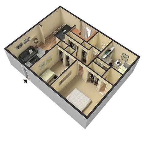 A 3D image of a house layout with a kitchen, living room, and bedrooms.