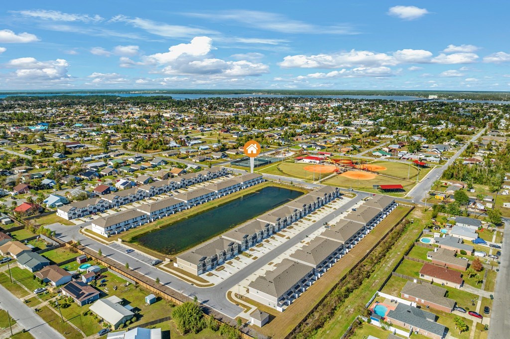 an aerial view of a sports stadium with a water fountain