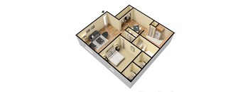 A 3D floor plan of a house with a living room, kitchen, and two bedrooms.