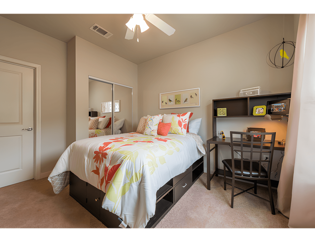 a bedroom with a bed and a desk