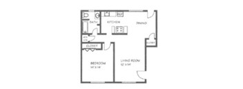A floor plan of a small apartment with a living room, bedroom, kitchen, and bathroom.