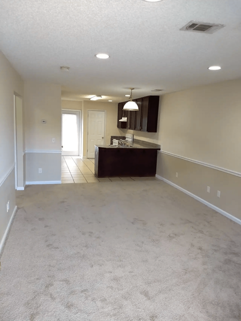 A spacious room with a kitchenette and a carpeted floor.