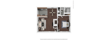A floor plan of a small apartment with a kitchen, living room, and bedroom.