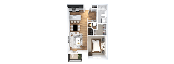 the aerial view of the bedroom floor plan with the living room and dining room