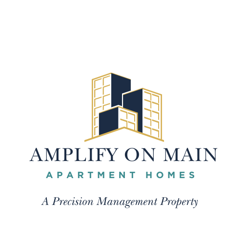 A logo for Amplify on Main Apartment Homes, a precision management property.