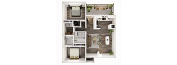 A top-down view of a small apartment with a bedroom, living room, kitchen, and bathroom.
