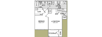 A floor plan of a house with a bedroom, living/dining area, and a closet.