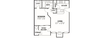 A black and white image of a floor plan for a home with a living room, kitchen, pantry, bathroom, bedroom, and storage.