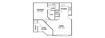 A black and white image of a floor plan for a small apartment.
