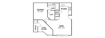 A black and white image of a floor plan for a small apartment.