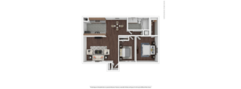 A floor plan of a small apartment with a kitchen, living room, and two bedrooms.